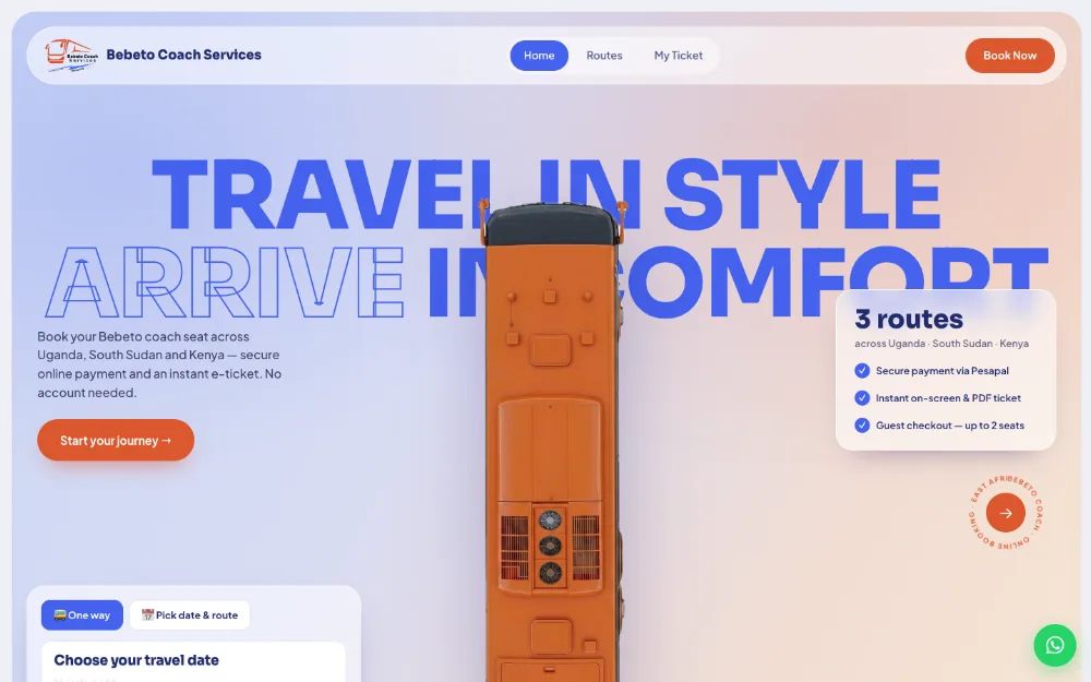 Bebeto Coach online booking platform — bus tickets across Uganda, South Sudan, Kenya and Rwanda