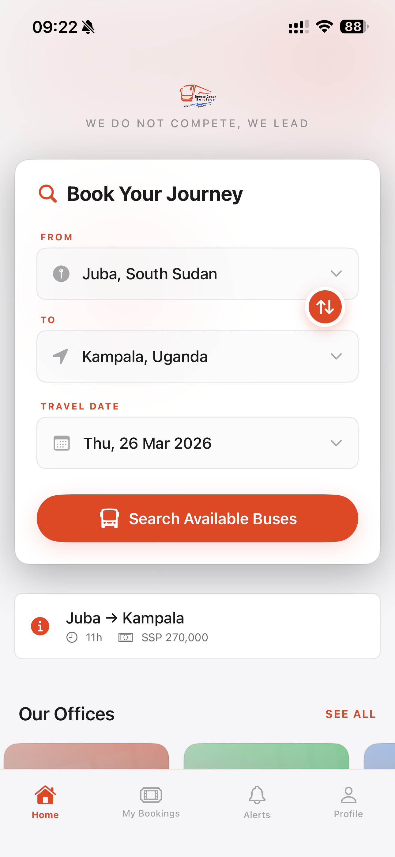 Bebeto Coach Services iOS booking app main screen — book bus tickets across Uganda, South Sudan, Kenya and Rwanda