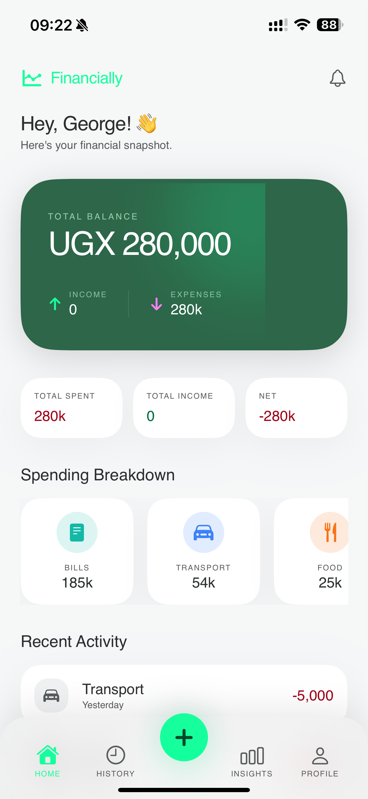 Financially iOS app main screen — personal finance tracker for budgets and spending