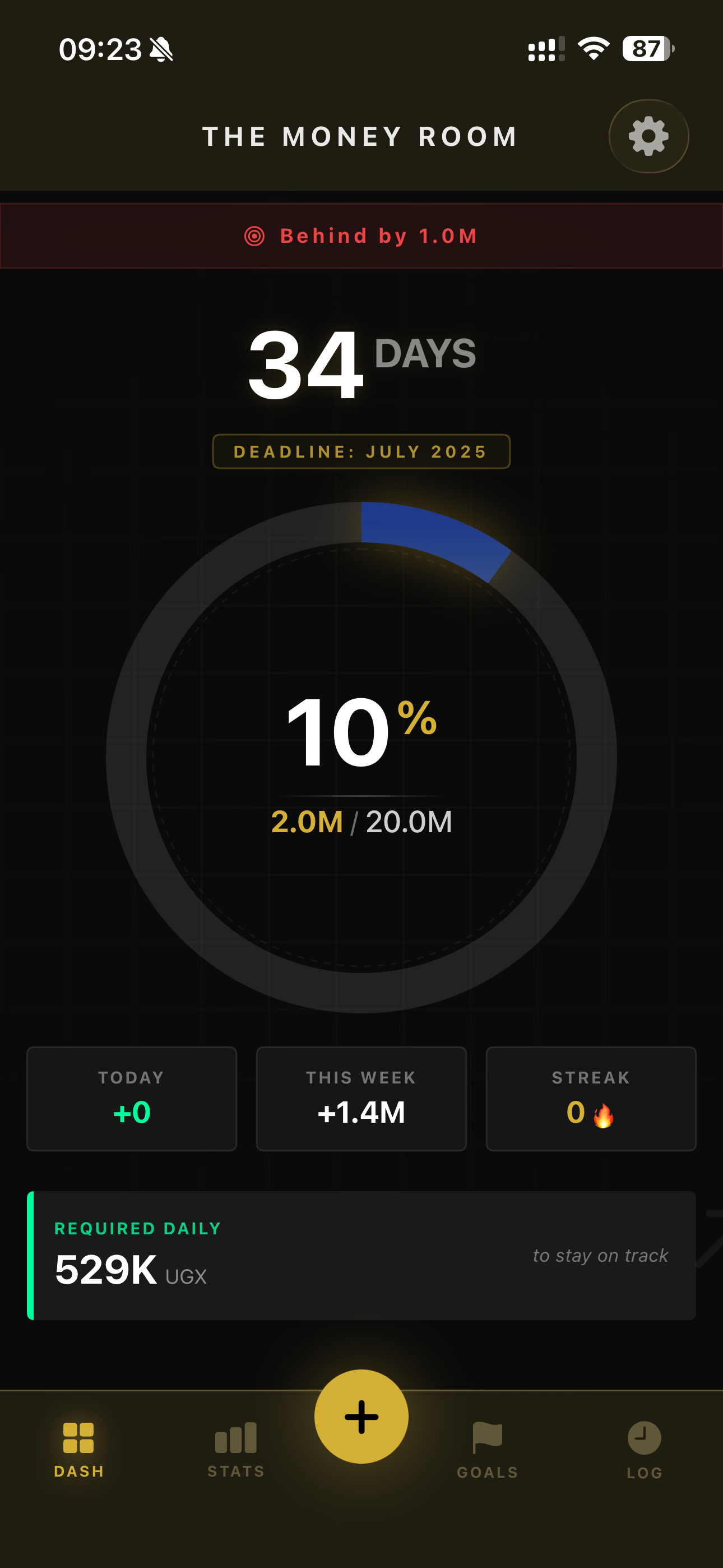 Financial War Room iOS app main screen — set financial targets and get a daily savings breakdown